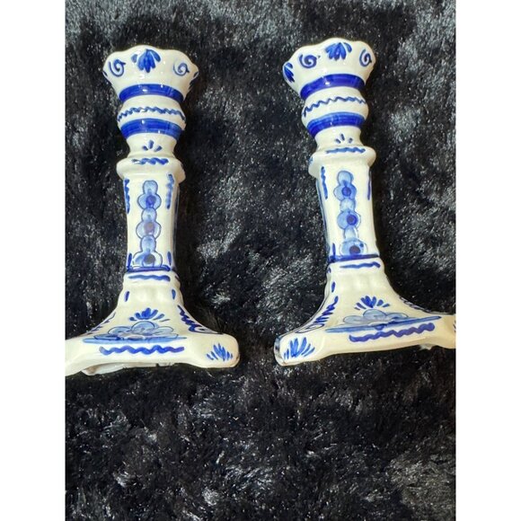 Vintage Delft Blue & White Ceramic Candlestick Holders #503 Set Of 2 - Picture 2 of 8